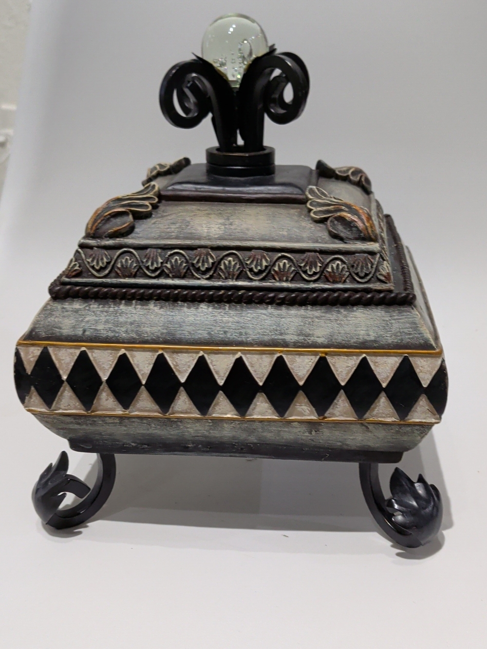 Ornate Gray and Black Decorative Jewelry Box with Glass Finial